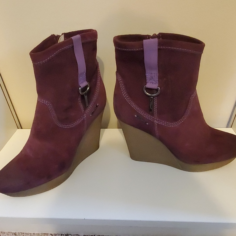 Plum colored wedge boots